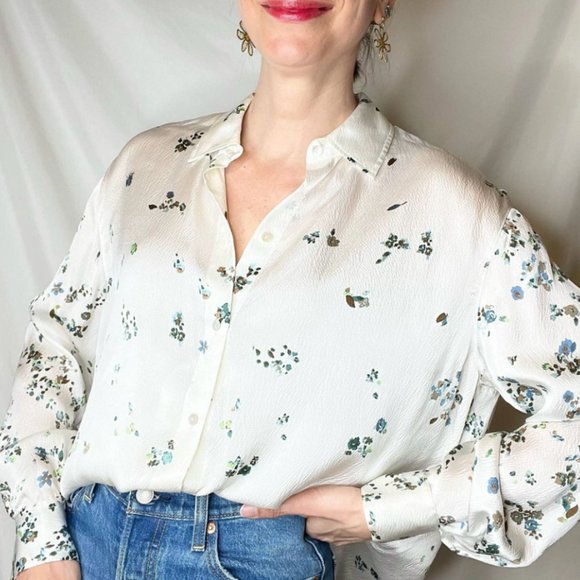 Vince Scattered Floral Silk Long-Sleeve Blouse - Medium - Picture 2 of 14